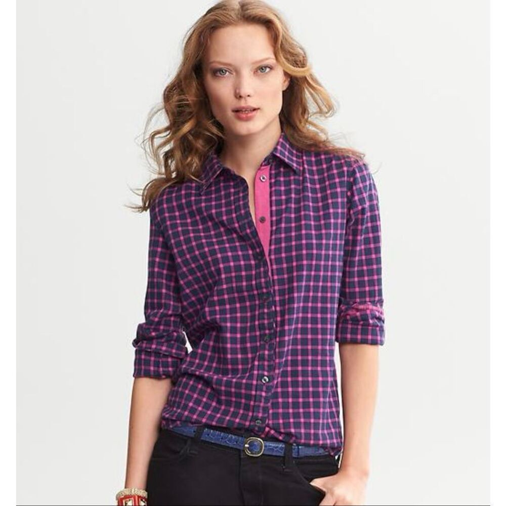 Banana Republic Womens Soft Wash Flannel Shirt Cotton Button Down Pink Blue Sz S